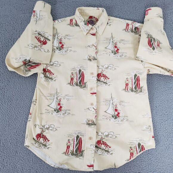 VINTAGE Barn Fly Shirt Mens Small Yellow Hawaiian AOP‎ Windsurfing USA Cotton LS - Picture 5 of 10